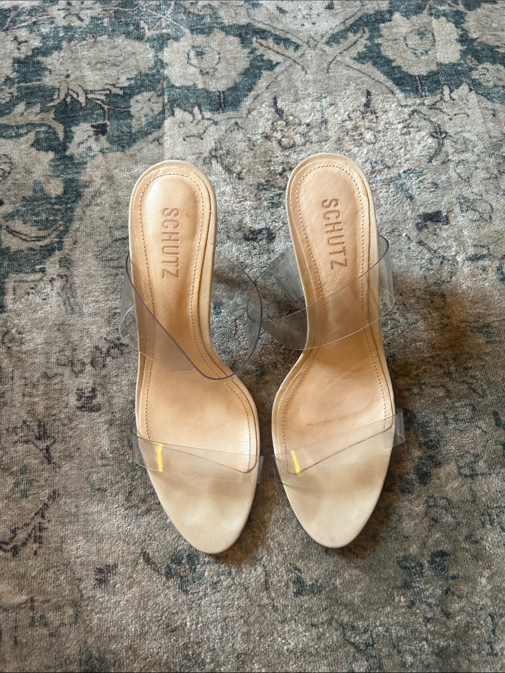 SCHUTZ Nude Leather Slide Mules with Clear Straps